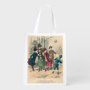 Antique Victorian Children Play Ball 1880 Winter Grocery Bag