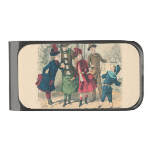 Antique Victorian Children Play Ball 1880 Winter Gunmetal Finish Money Clip