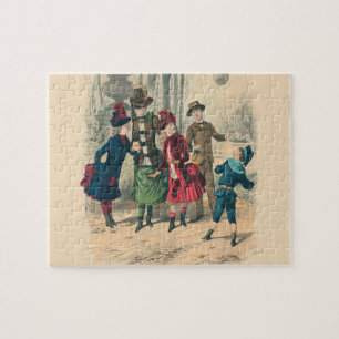 Antique Victorian Children Play Ball 1880 Winter Jigsaw Puzzle