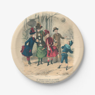 Antique Victorian Children Play Ball 1880 Winter Paper Plates