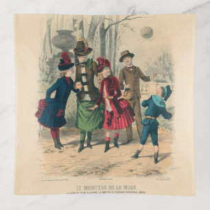 Antique Victorian Children Play Ball 1880 Winter Trinket Tray
