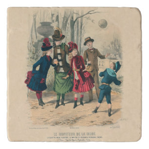 Antique Victorian Children Play Ball 1880 Winter Trivet