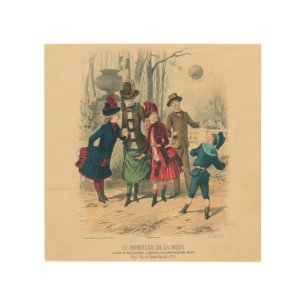 Antique Victorian Children Play Ball 1880 Winter Wood Wall Art