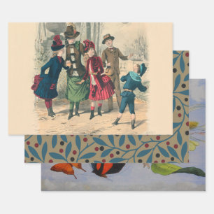 Antique Victorian Children Play Ball 1880 Winter Wrapping Paper Sheets
