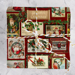Antique Victorian Christmas Card Collage  Wrapping Paper<br><div class="desc">Fun and festive holiday pattern featuring vintage Victorian era Christmas cards with evergreens and decorative borders on red damask background.</div>