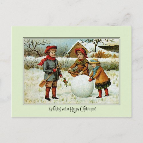 Antique Victorian Christmas children playing snow Holiday Postcard