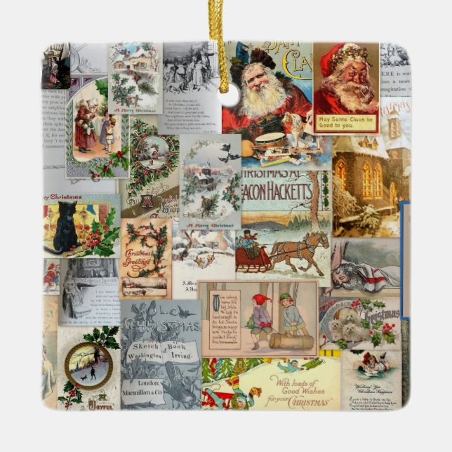 Antique Victorian Christmas Ephemera Collage Art Ceramic Ornament (Front)