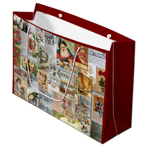 Antique Victorian Christmas Ephemera Collage Art Large Gift Bag