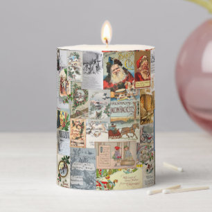 Antique Victorian Christmas Ephemera Collage Art Pillar Candle
