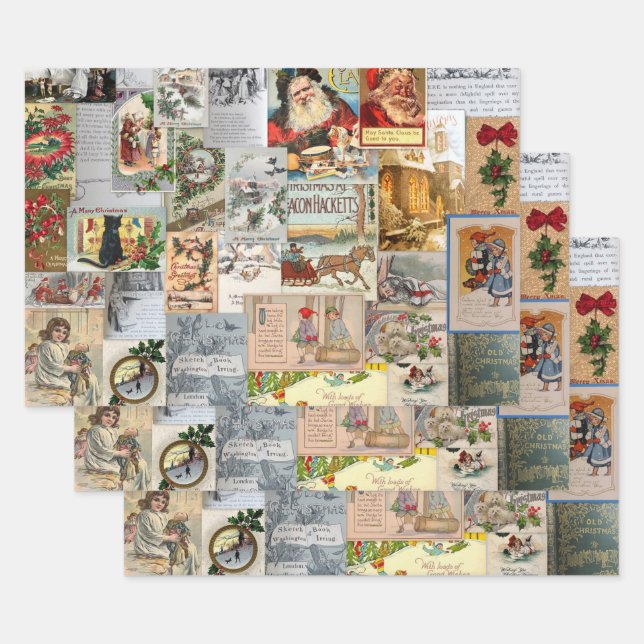 Antique Victorian Christmas Ephemera Collage Art Wrapping Paper Sheets (Set)