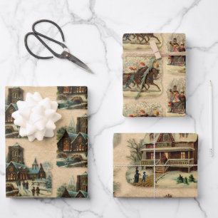 Antique Victorian Christmas Sleigh Ride Church Wrapping Paper Sheets