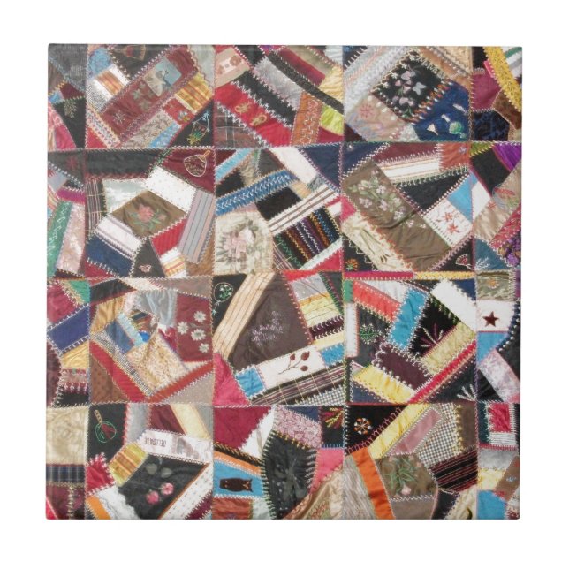 Antique, Victorian-Era, Crazy Quilt Ceramic Tile (Front)