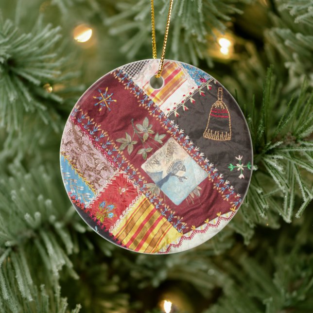 Antique, Victorian-Era, Crazy Quilt Square Ceramic Ornament (Tree)