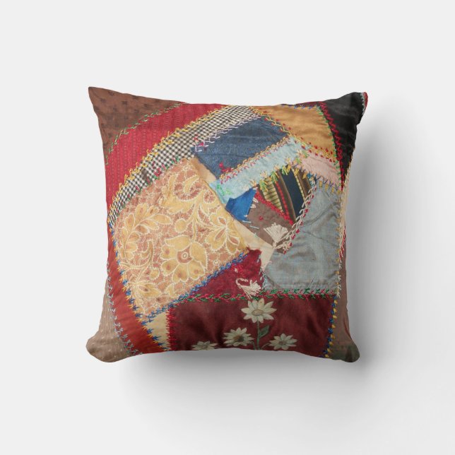 Antique, Victorian-Era, Crazy Quilt Square Throw Pillow (Front)