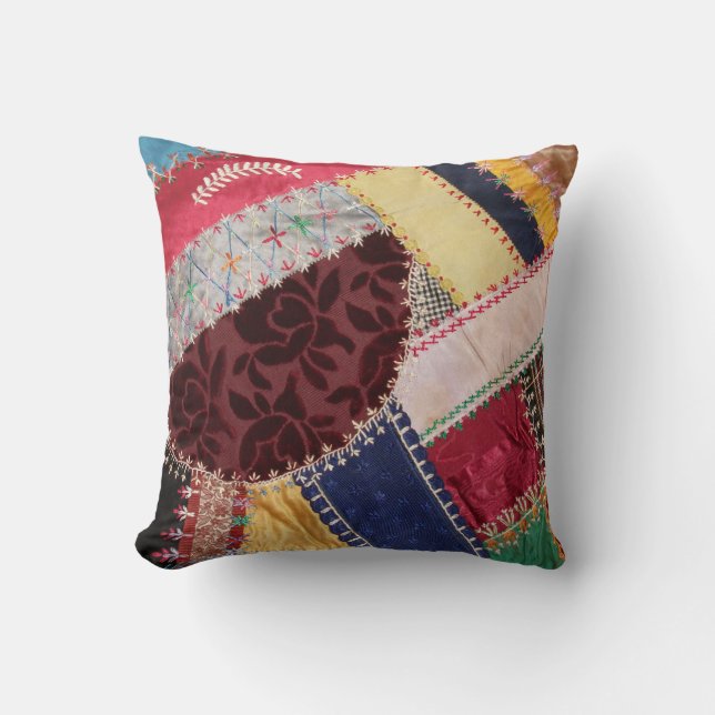 Antique, Victorian-Era, Crazy Quilt Square Throw Pillow (Front)