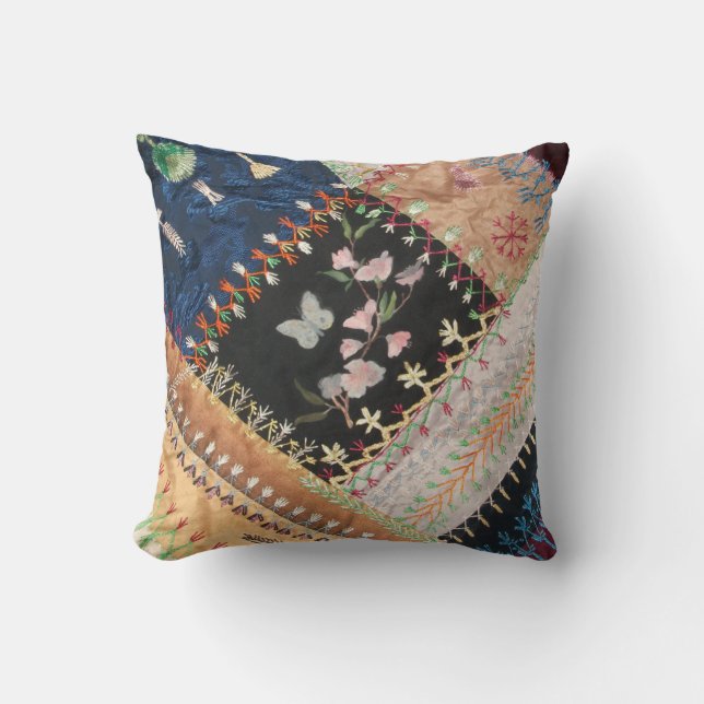 Antique, Victorian-Era, Crazy Quilt Square Throw Pillow (Front)