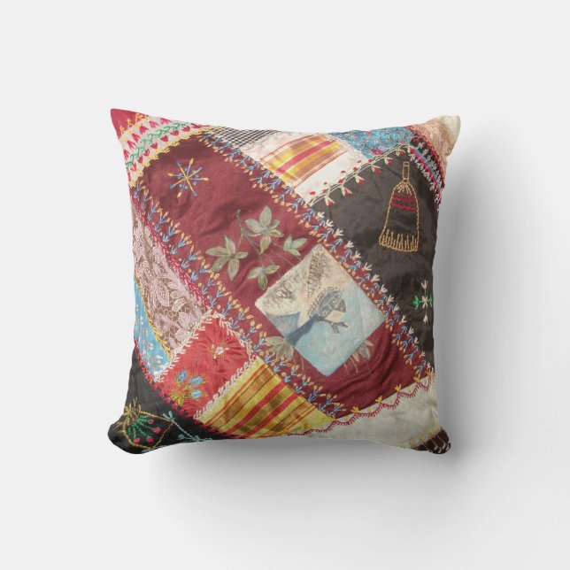 Antique, Victorian-era Crazy Quilt Square Throw Pillow (Front)