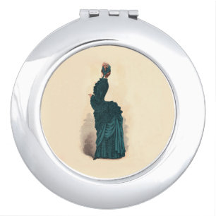 Antique Victorian Fashion Plate: Teal Bustle Dress Mirror For Makeup