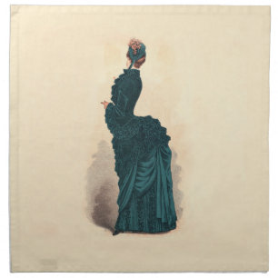 Antique Victorian Fashion Plate: Teal Bustle Dress Napkin