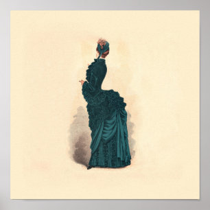 Antique Victorian Fashion Plate: Teal Bustle Dress Poster