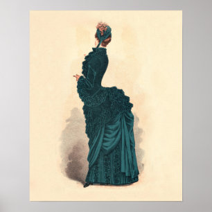 Antique Victorian Fashion Plate: Teal Bustle Dress Poster