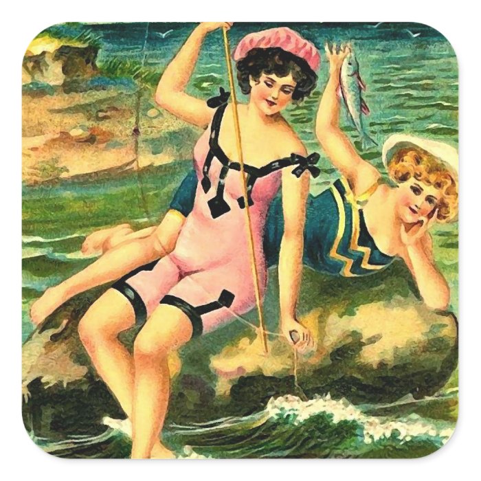 Antique Victorian Fishing Girls Stickers