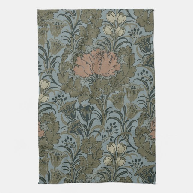 Antique Victorian Floral Pattern Sage Terracota Kitchen Towel (Vertical)