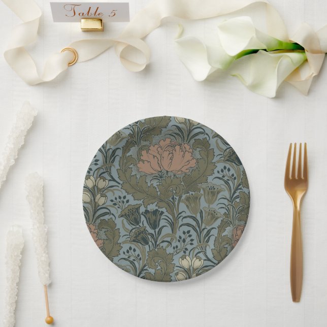Antique Victorian Floral Pattern Sage Terracota Paper Plates (Wedding)