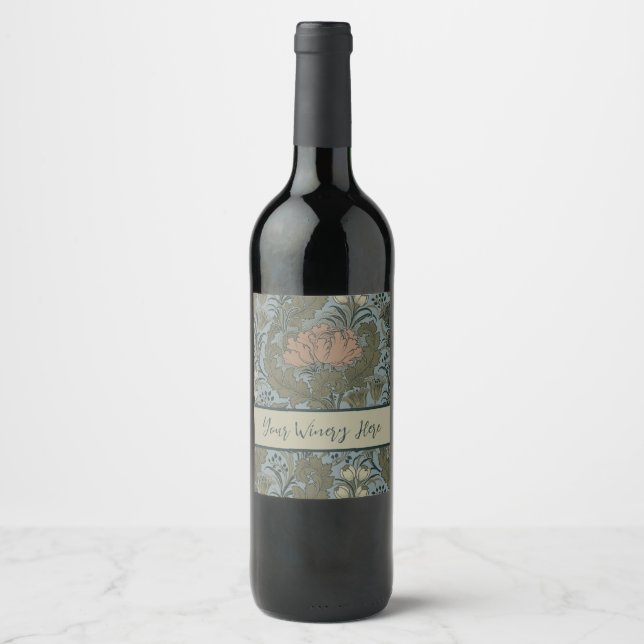 Antique Victorian Floral Pattern Sage Terracota Wine Label (Front)
