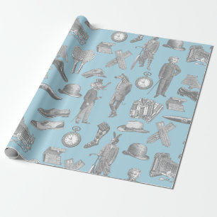 antique victorian gentlemen animals blue toile men wrapping paper