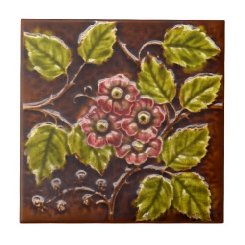 Antique Victorian Majolica Floral Tile Repro