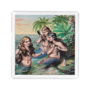 Antique Victorian Mermaids Treasure Ship Vintage Acrylic Tray