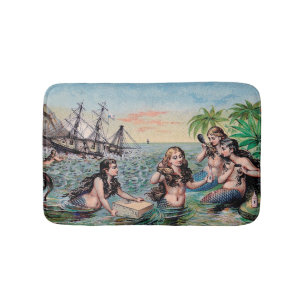 Antique Victorian Mermaids Treasure Ship Vintage Bath Mat
