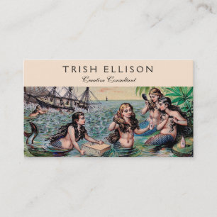Antique Victorian Mermaids Treasure Ship Vintage Business Card