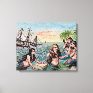 Antique Victorian Mermaids Treasure Ship Vintage Canvas Print