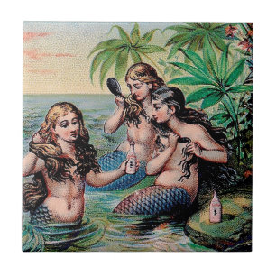 Antique Victorian Mermaids Treasure Ship Vintage Ceramic Tile
