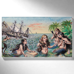 Antique Victorian Mermaids Treasure Ship Vintage Name Tag