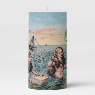 Antique Victorian Mermaids Treasure Ship Vintage Pillar Candle