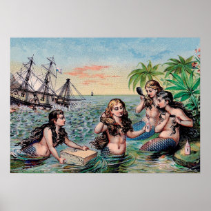 Antique Victorian Mermaids Treasure Ship Vintage Poster
