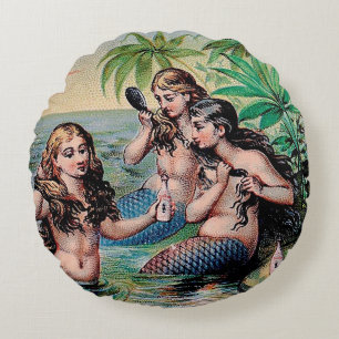 Antique Victorian Mermaids Treasure Ship Vintage Round Pillow
