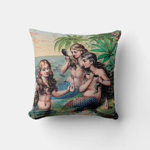 Antique Victorian Mermaids Treasure Ship Vintage Throw Pillow