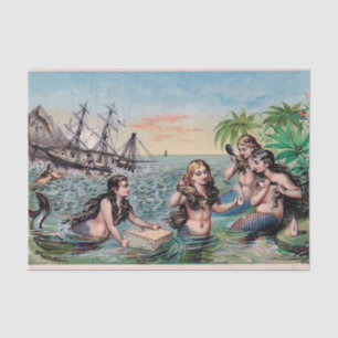 Antique Victorian Mermaids Treasure Ship Vintage Tissue Paper
