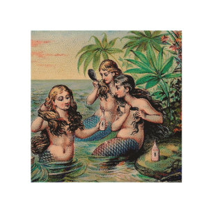 Antique Victorian Mermaids Treasure Ship Vintage Wood Wall Decor