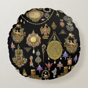 Antique Victorian, nouveau and deco Jewelry art Round Pillow