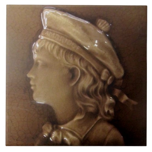 Antique Victorian Repro Boy Portrait Majolica Ceramic Tile