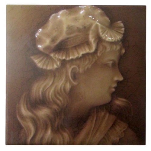 Antique Victorian Repro Girl Portrait Majolica Ceramic Tile