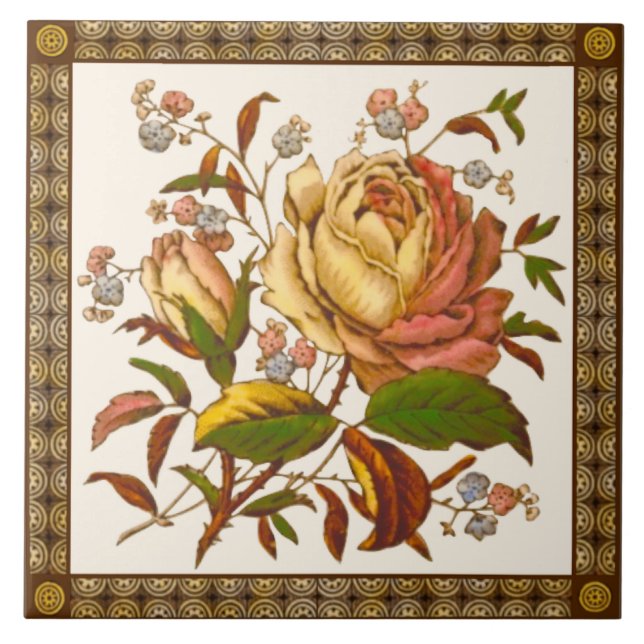 Antique Victorian Rose Tranferware Tile Repro (Front)