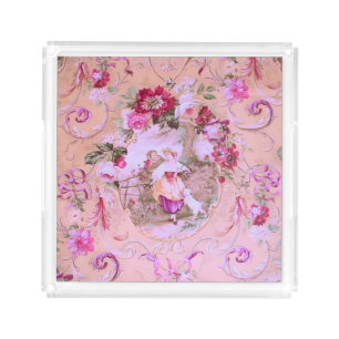 Antique Victorian Toile Rococo Style Floral Pink Acrylic Tray