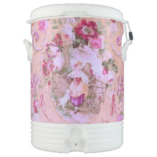 Antique Victorian Toile Rococo Style Floral Pink Beverage Cooler