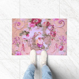 Antique Victorian Toile Rococo Style Floral Pink Doormat